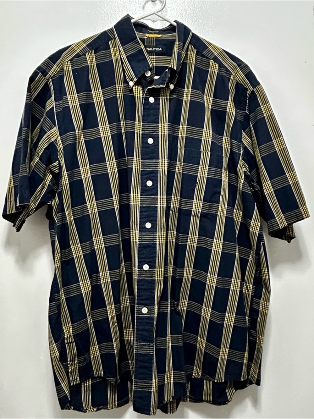 Nautica Navy and‎ Yellow Plaid Short-Sleeve Button-Down Shirt